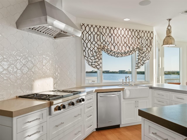 kitchen with decorative backsplash, light wood-style flooring, appliances with stainless steel finishes, range hood, and a sink