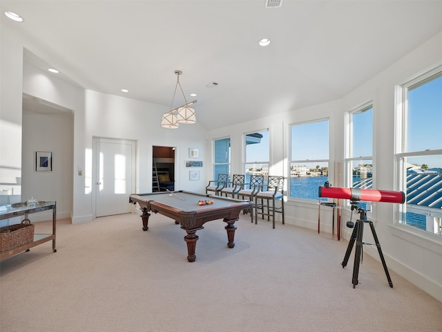 rec room with baseboards, billiards, and recessed lighting