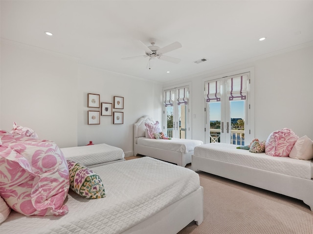 bedroom featuring recessed lighting, visible vents, access to outside, ornamental molding, and french doors