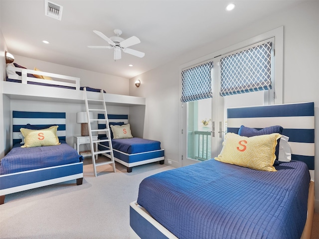 carpeted bedroom with baseboards, a ceiling fan, visible vents, and recessed lighting