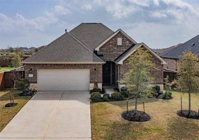 view of front of property with driveway, a shingled roof, a front lawn, a garage, and brick siding