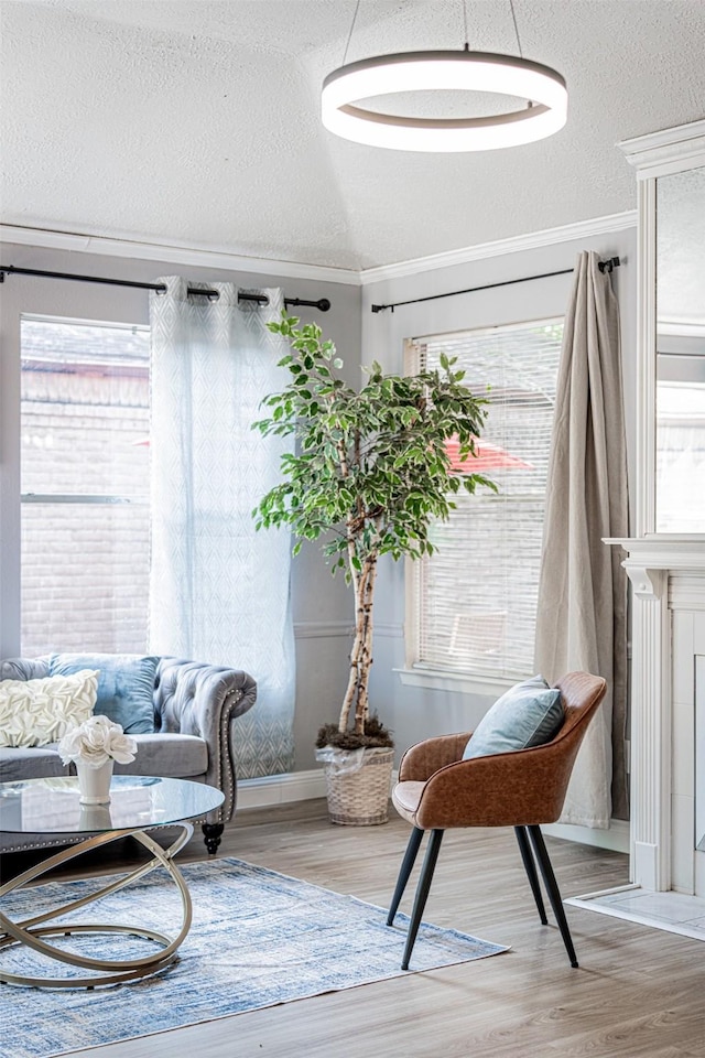 living area with crown molding, a textured ceiling, and wood finished floors