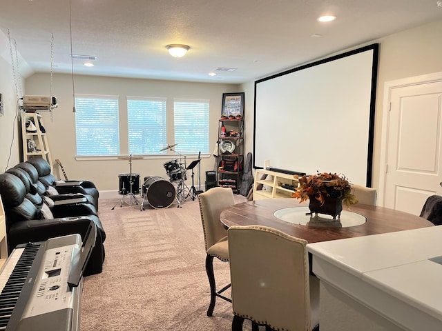 dining room with carpet floors, recessed lighting, visible vents, and vaulted ceiling