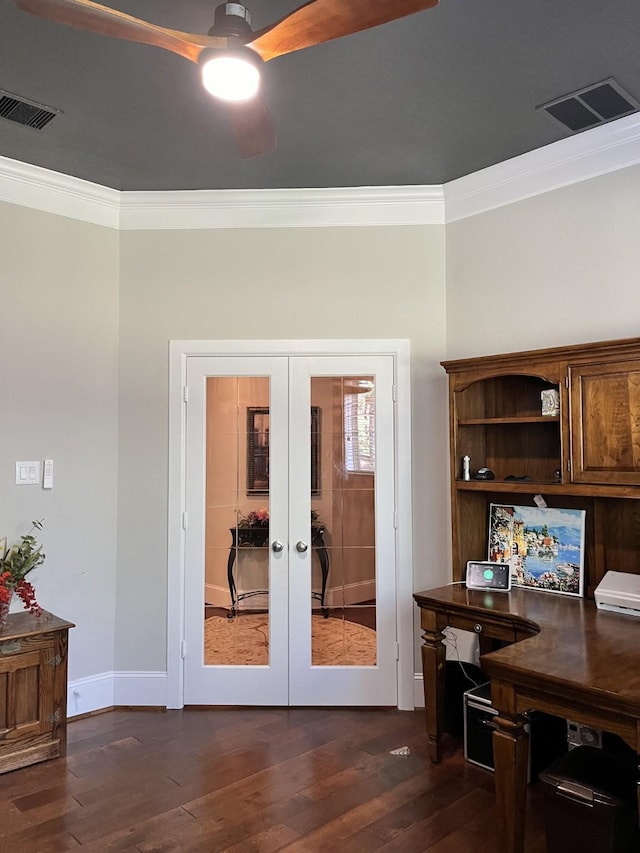 home office featuring ornamental molding, french doors, visible vents, and dark wood-style floors