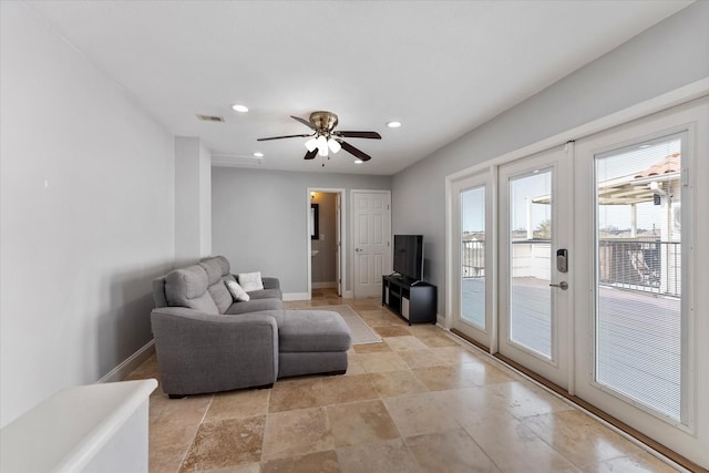 living area featuring baseboards, visible vents, recessed lighting, ceiling fan, and french doors