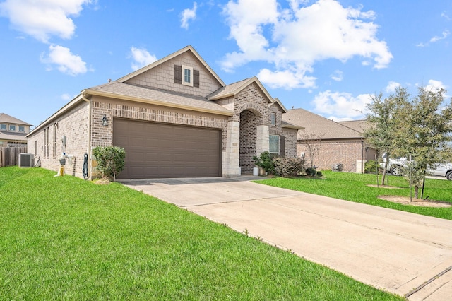 french provincial home featuring central air condition unit, brick siding, driveway, roof with shingles, and a front yard