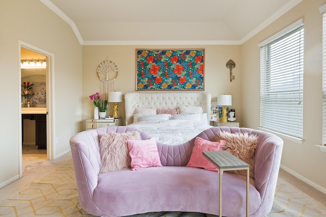 bedroom with light colored carpet, crown molding, and baseboards