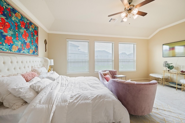 bedroom featuring carpet, crown molding, visible vents, vaulted ceiling, and ceiling fan