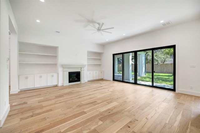 unfurnished living room featuring light wood-style flooring, recessed lighting, visible vents, and ceiling fan