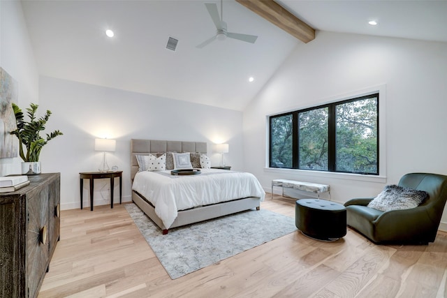 bedroom featuring baseboards, visible vents, light wood finished floors, high vaulted ceiling, and beamed ceiling