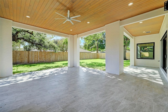 view of patio with a fenced backyard and ceiling fan