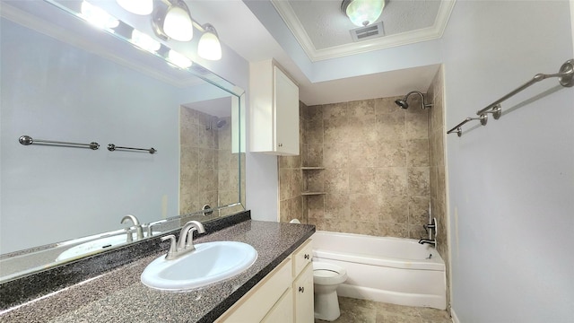 bathroom with visible vents, toilet, bathtub / shower combination, crown molding, and vanity