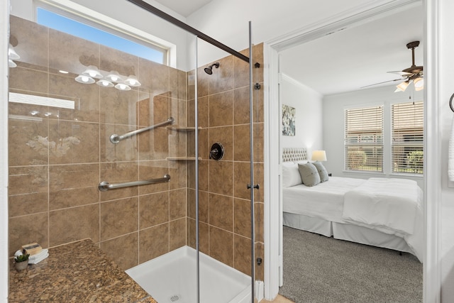 ensuite bathroom with ensuite bath, a healthy amount of sunlight, a stall shower, and ornamental molding