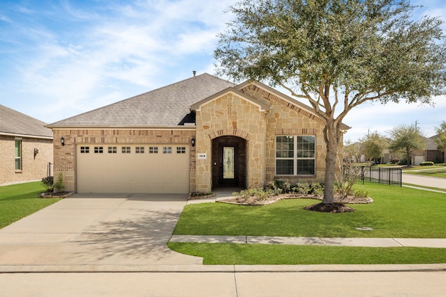 view of front of house featuring a front yard, roof with shingles, an attached garage, concrete driveway, and stone siding