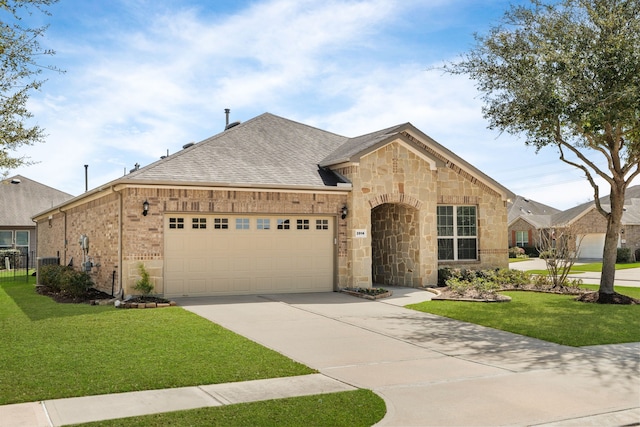 view of front of home with concrete driveway, a front yard, roof with shingles, stone siding, and an attached garage