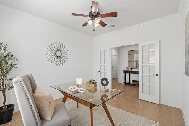 home office featuring french doors, visible vents, and ornamental molding