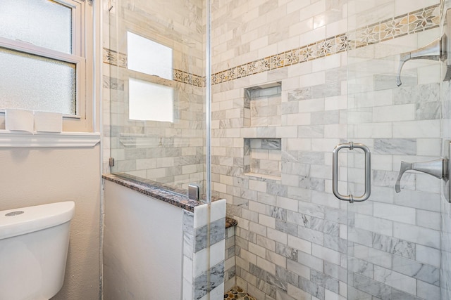 full bathroom with a wealth of natural light, a stall shower, and toilet