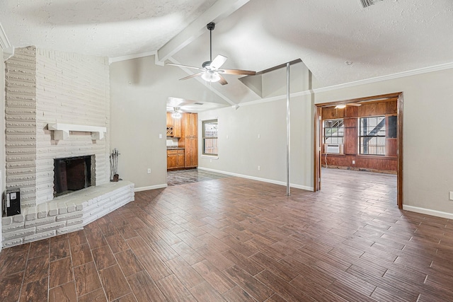 unfurnished living room with wood finish floors, a textured ceiling, and ceiling fan