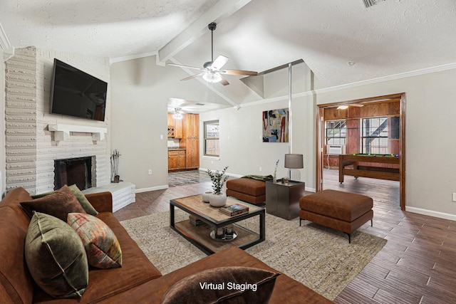 living area featuring vaulted ceiling with beams, a textured ceiling, billiards, and wood finished floors