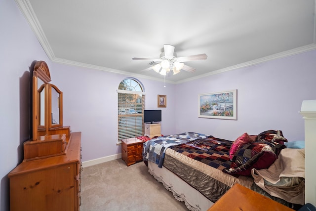 bedroom featuring crown molding, visible vents, a ceiling fan, light carpet, and baseboards