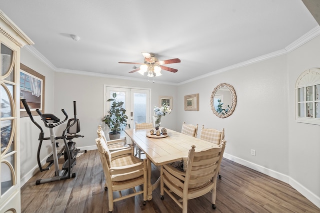 dining room with baseboards, french doors, dark wood-type flooring, and crown molding