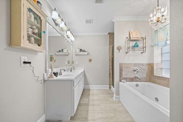 bathroom featuring visible vents, vanity, ornamental molding, a whirlpool tub, and a stall shower