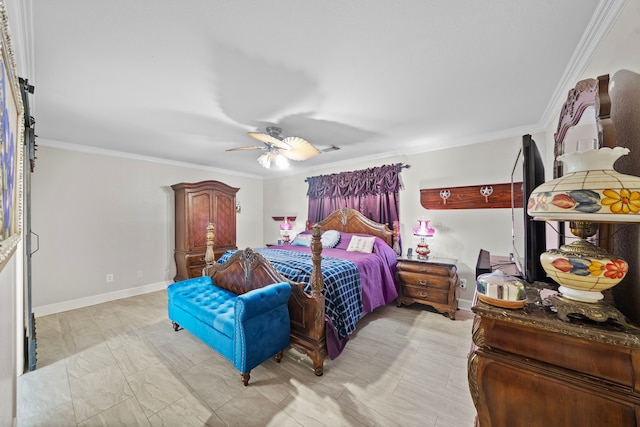 bedroom with ceiling fan, ornamental molding, visible vents, and baseboards