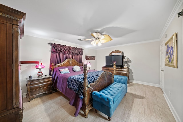 bedroom featuring a ceiling fan, crown molding, and baseboards