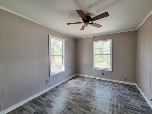 unfurnished room with ornamental molding, a wealth of natural light, ceiling fan, and baseboards