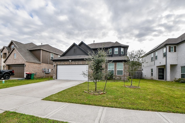 view of front of property featuring driveway, a garage, a front lawn, and brick siding