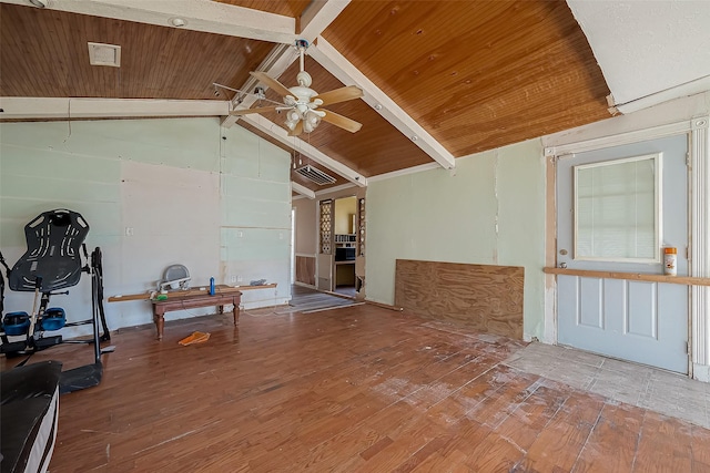 workout room with wooden ceiling, vaulted ceiling, and hardwood / wood-style floors