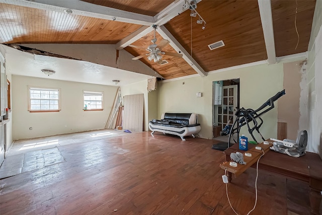 living area with lofted ceiling with beams, hardwood / wood-style flooring, visible vents, wood ceiling, and a ceiling fan