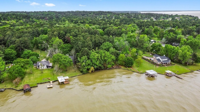 drone / aerial view featuring a forest view and a water view