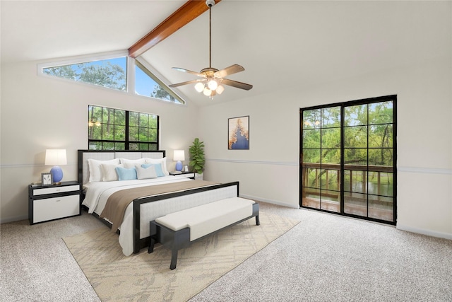 carpeted bedroom with access to outside, beam ceiling, ceiling fan, and baseboards