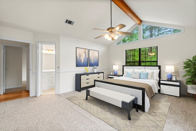 bedroom featuring visible vents, light colored carpet, ceiling fan, high vaulted ceiling, and beam ceiling