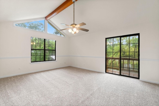 empty room featuring carpet floors, ceiling fan, lofted ceiling with beams, and baseboards