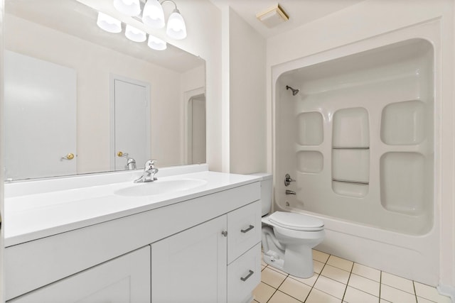 bathroom featuring toilet, shower / bath combination, vanity, and tile patterned floors