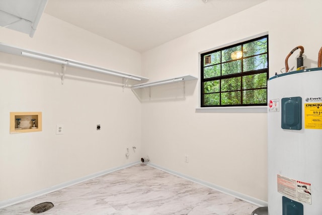 laundry area featuring washer hookup, marble finish floor, electric water heater, hookup for an electric dryer, and laundry area