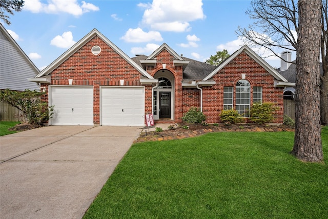 view of front of house with brick siding, a front yard, roof with shingles, driveway, and an attached garage