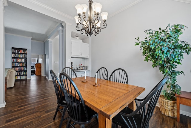 dining area featuring decorative columns, baseboards, ornamental molding, and dark wood finished floors