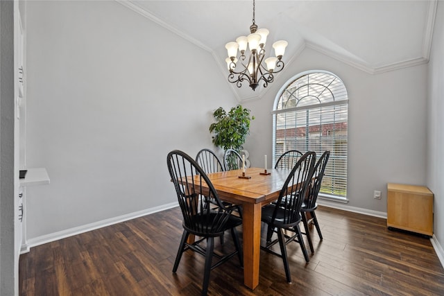 dining space featuring crown molding, baseboards, lofted ceiling, dark wood-style floors, and a notable chandelier