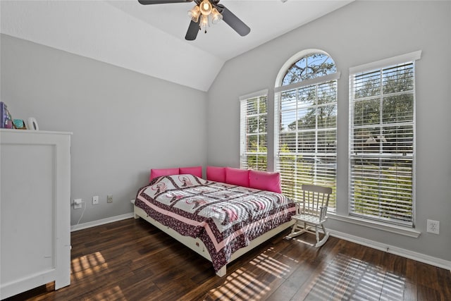 bedroom featuring hardwood / wood-style flooring, baseboards, lofted ceiling, and ceiling fan