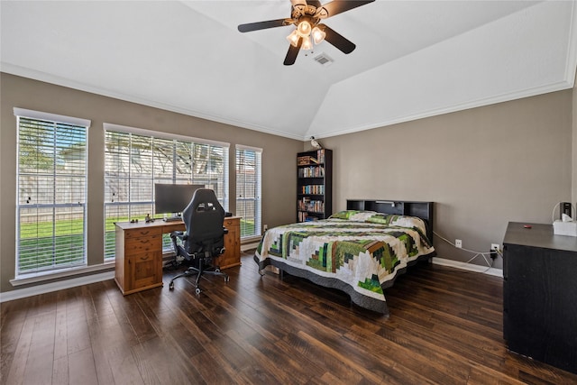 bedroom with visible vents, a ceiling fan, dark wood-style floors, baseboards, and lofted ceiling