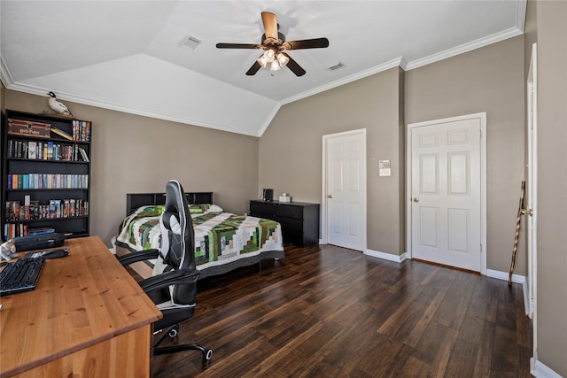 office with visible vents, dark wood-type flooring, ceiling fan, and vaulted ceiling