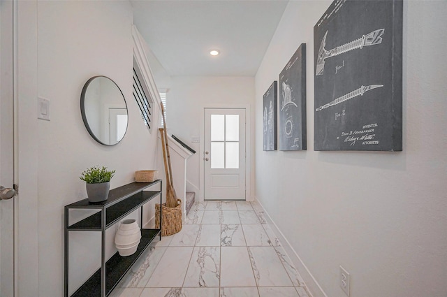 doorway featuring stairs, recessed lighting, baseboards, and marble finish floor