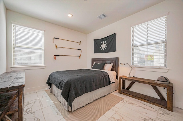 bedroom with recessed lighting, baseboards, visible vents, and marble finish floor