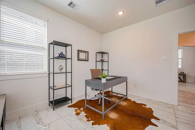 office area featuring recessed lighting, visible vents, baseboards, and marble finish floor