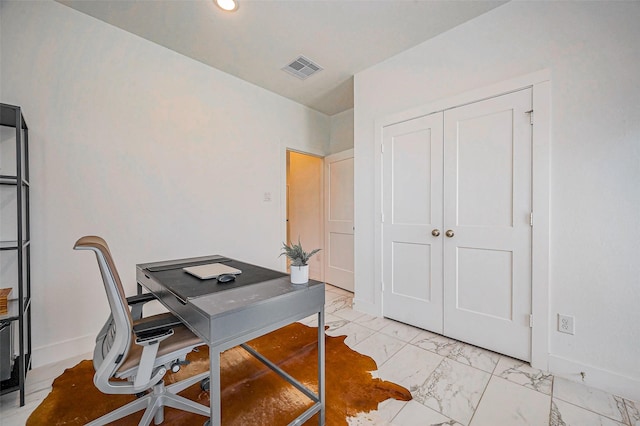 office area with recessed lighting, visible vents, baseboards, and marble finish floor