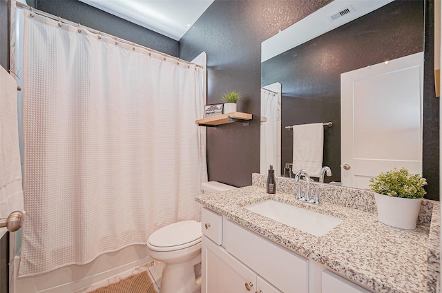 bathroom with tile patterned floors, visible vents, toilet, shower / tub combo, and vanity