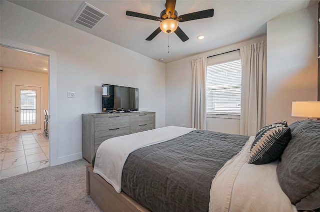 bedroom with visible vents, marble finish floor, recessed lighting, baseboards, and ceiling fan